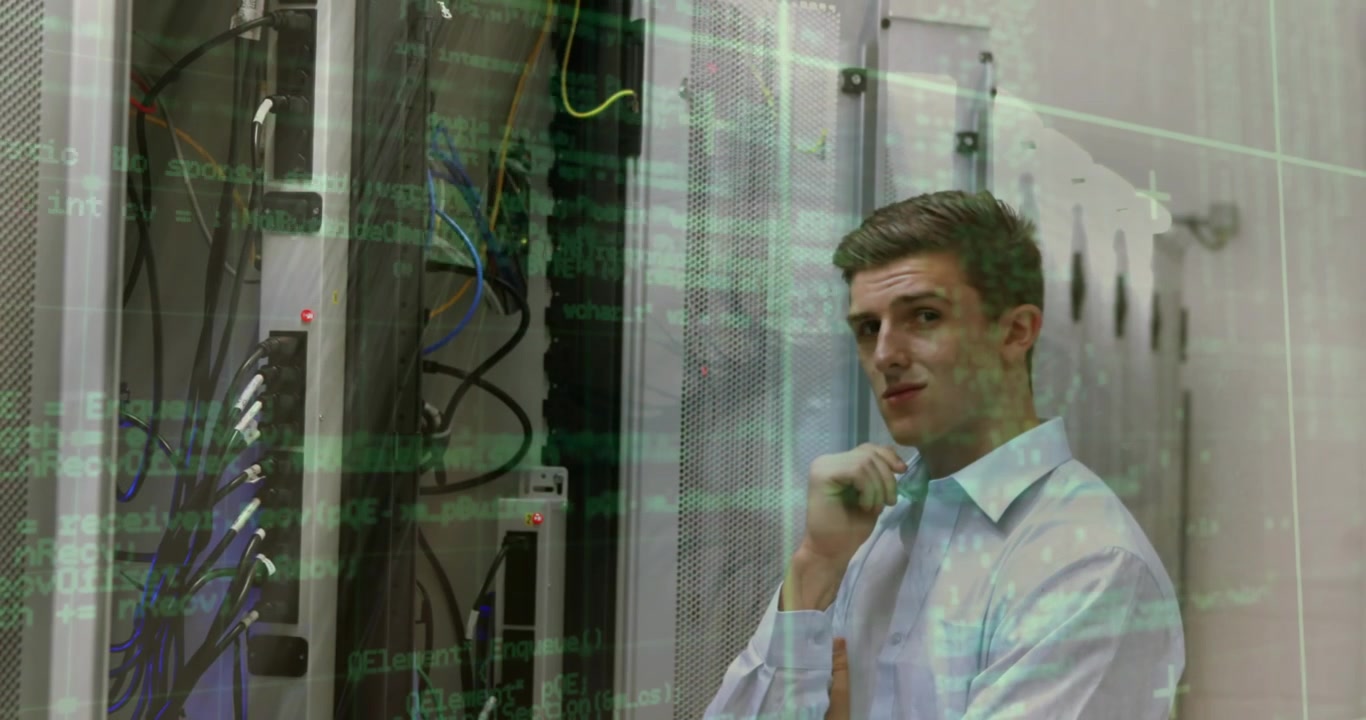 Data processing over portrait of caucasian male engineer smiling at computer server room