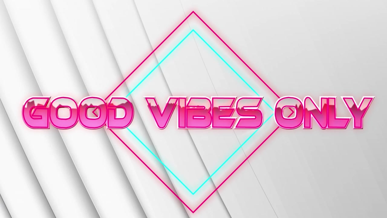 Animasjon av teksten "good vibes only" med firkantede former mot hvit og brun bakgrunn, med plass for tekst.