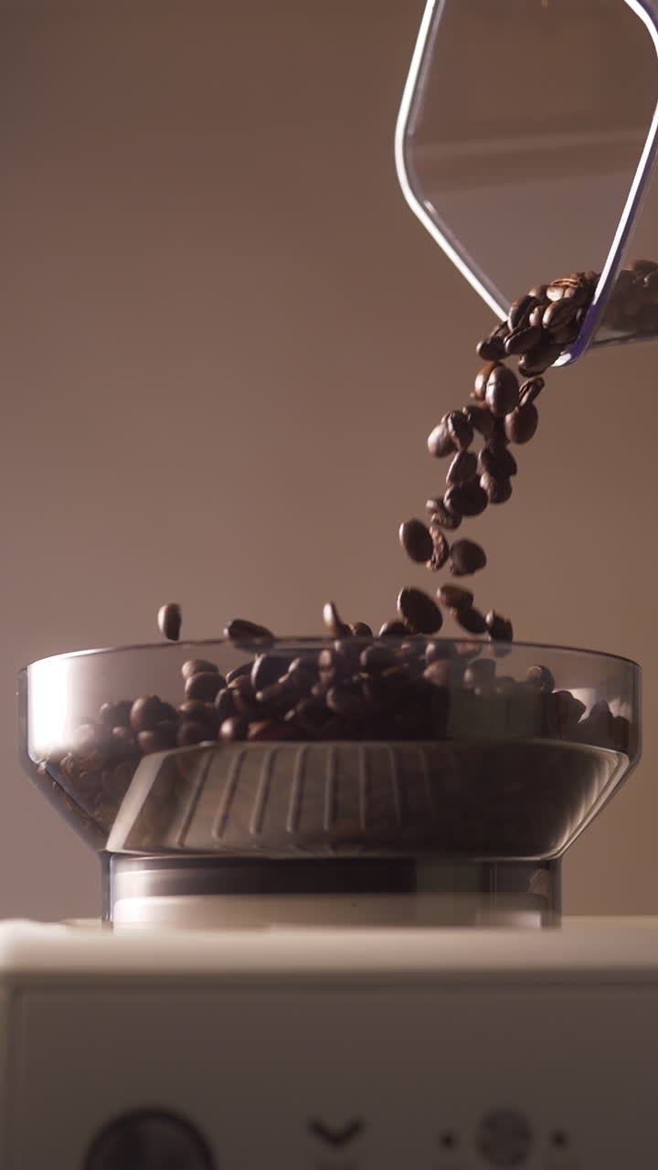Primo piano al rallentatore di chicchi di caffè tostati che cadono nella tramoggia del macinacaffè di una macchina da caffè espresso con portafiltro. Una calda illuminazione da studio evidenzia il contenitore trasparente e le ricche tonalità marroni del caffè fresco.