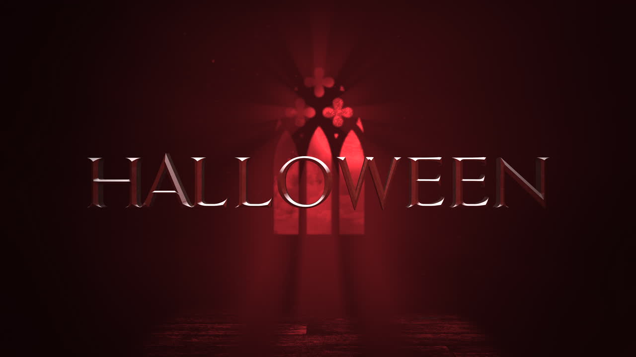 halloween con ventana del viejo castillo con luz y cruces en la noche