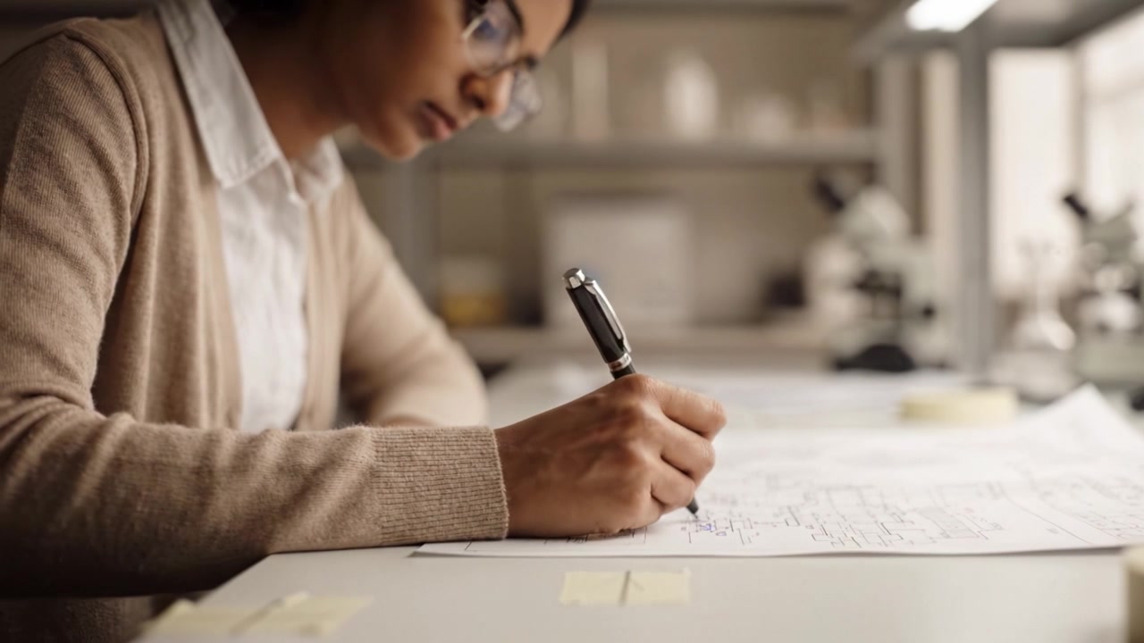 Focused Individual Engaged in Detailed Note-Taking and Analyzing Scientific Documentation at a Laboratory Workspace with Equipment in View