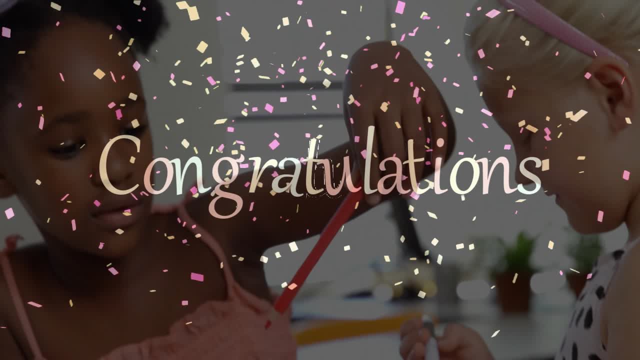 Friends selecting craft tools at table while confetti and Congratulations celebrating success