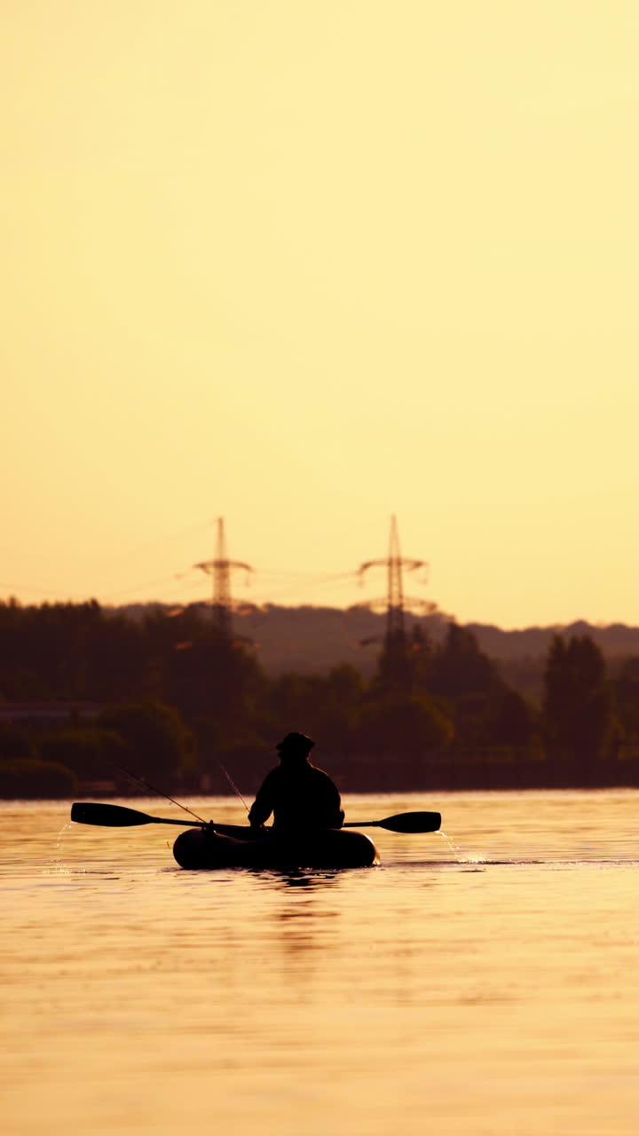 Man fishing from a boat at sunset. Mature man fishing from the boat on the pond at sunset Vertical video