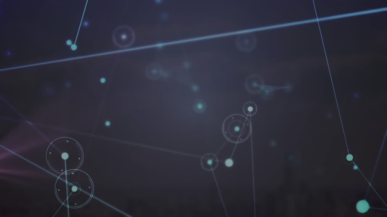 Animation of network of connections and glowing light trail against blue background