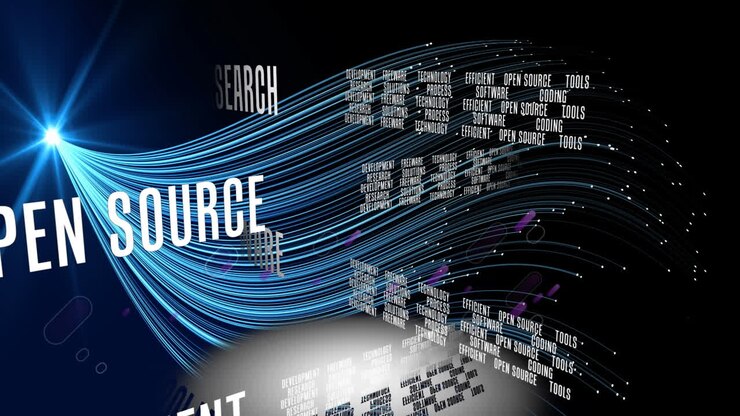 Animation of data processing and text over purple lines on black background