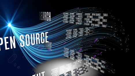 Animation of data processing and text over purple lines on black background