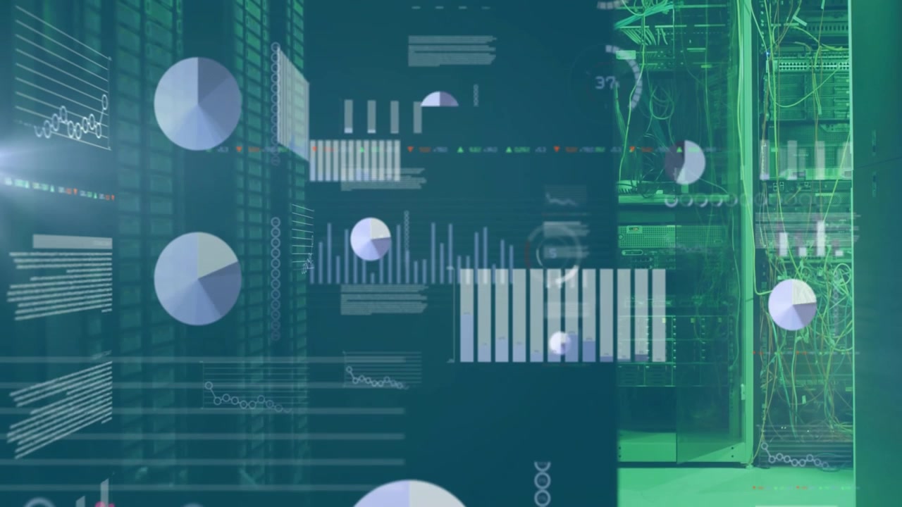 Animation of financial data processing over server room