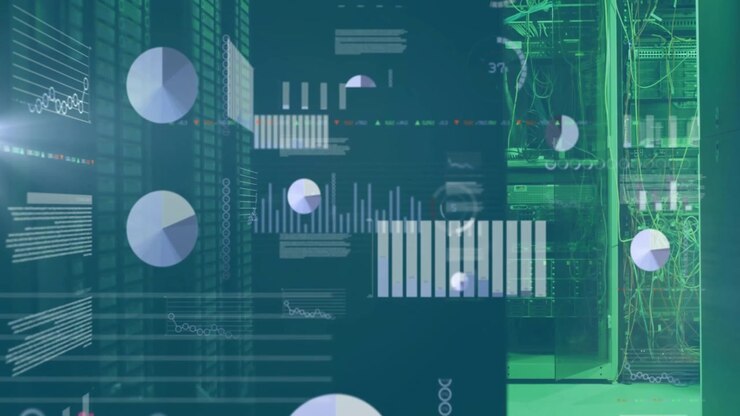 Animation of financial data processing over server room