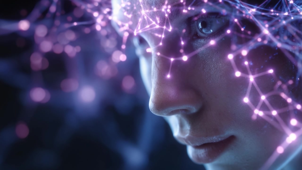 Captivating close-up frames showcasing a futuristic design of a human face intertwined with glowing neural networks and intricate digital connections.