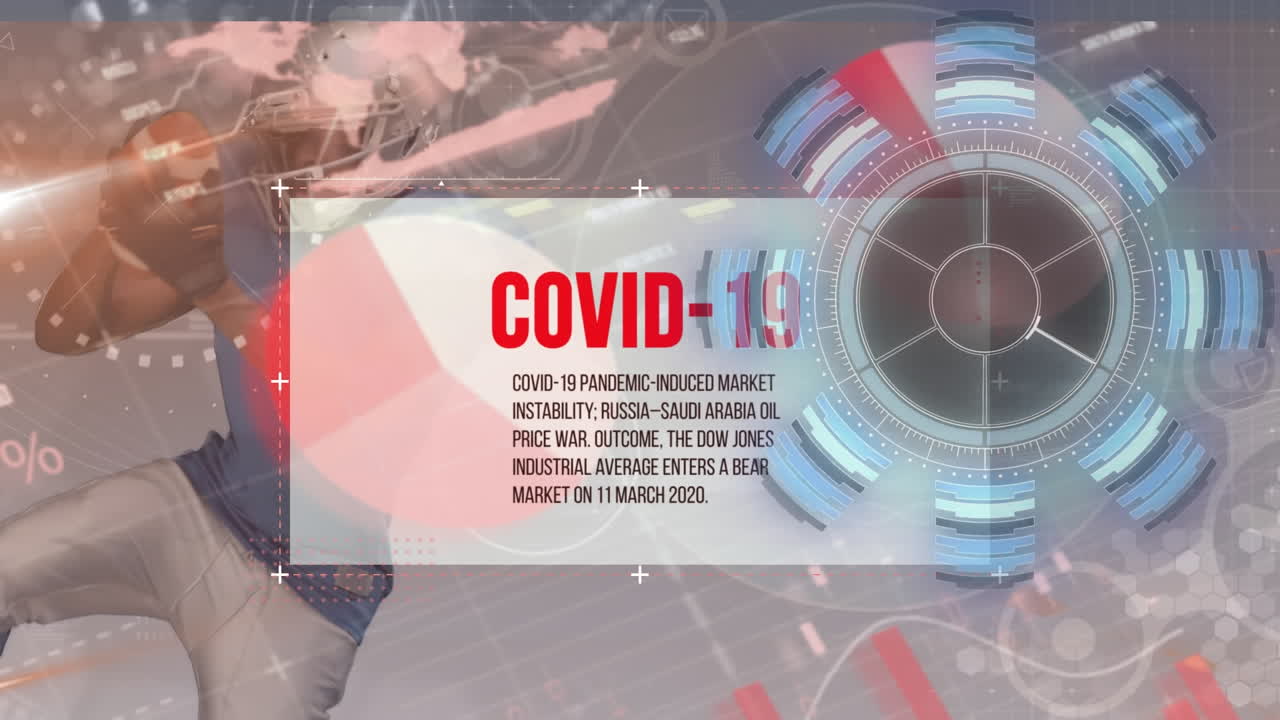Animation of data processing and covid 19 text over african american football player
