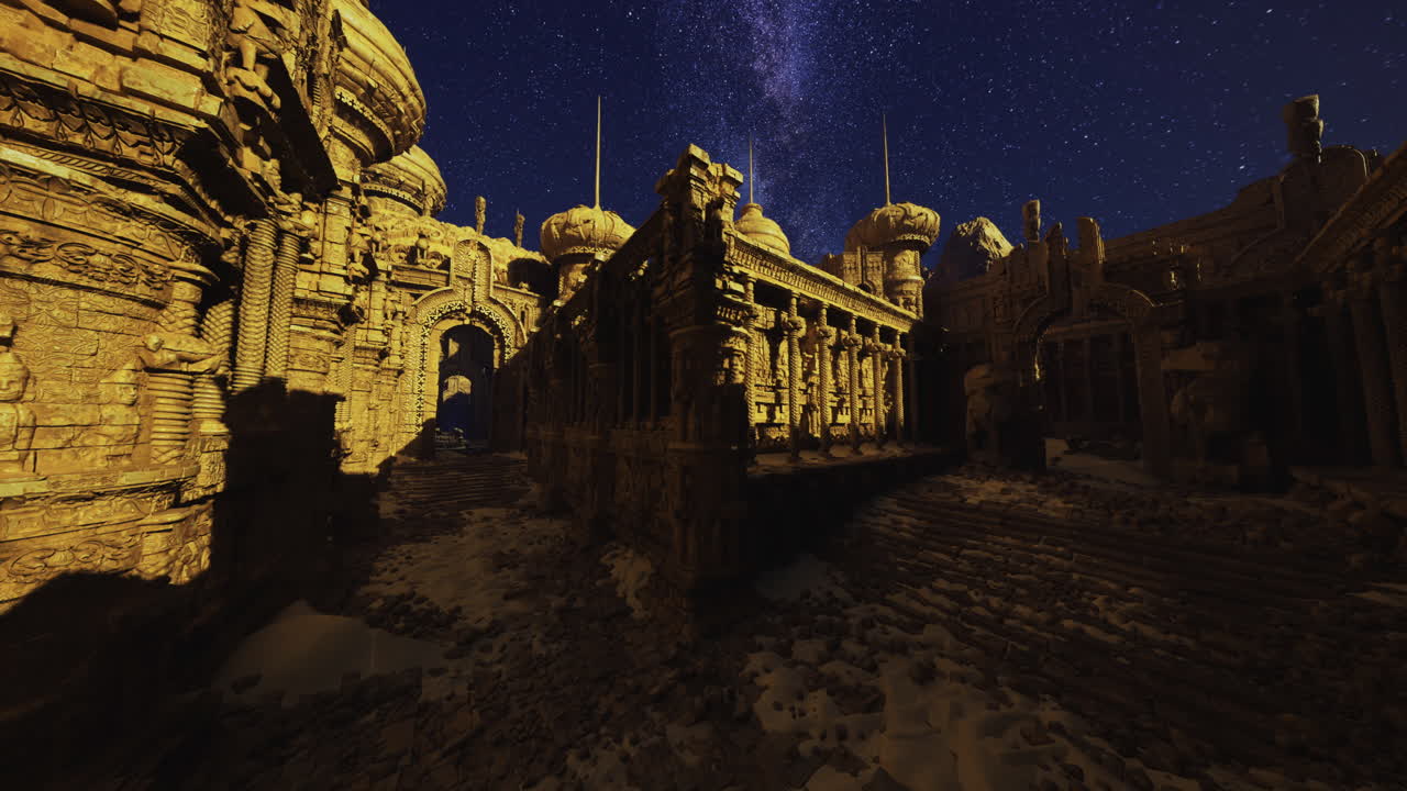 Ancient ruins illuminated under starry sky with detailed architecture