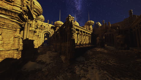 ancient ruins illuminated under starry sky with detailed architecture