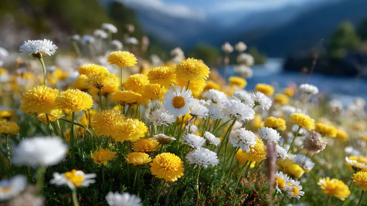 A Vibrant Field of Colorful Blossoms: Capturing the Beauty of Wildflowers in Full Bloom Amidst a Serene Natural Landscape