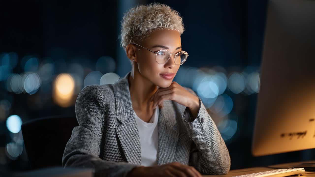 Focused Professional Working Late at Night, Engaged in Creative Tasks with Modern Computer Setup and Bokeh Background of City Lights