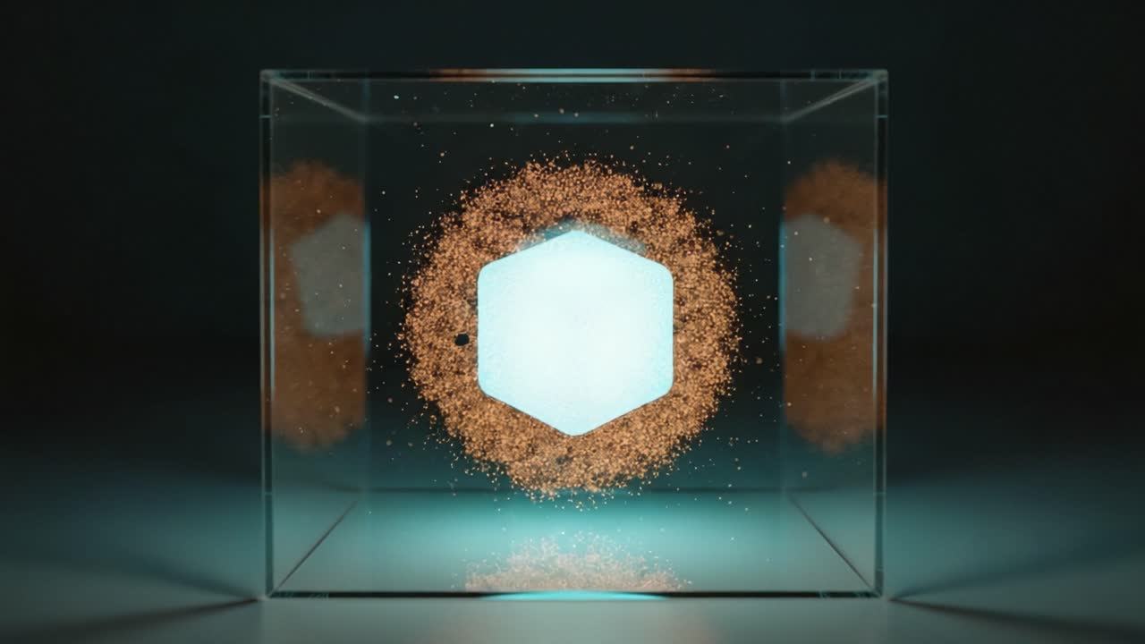 A Glowing Hexagonal Prism Surrounded by a Magical Particle Aura in a Transparent Cube: An Exploration of Light and Geometry