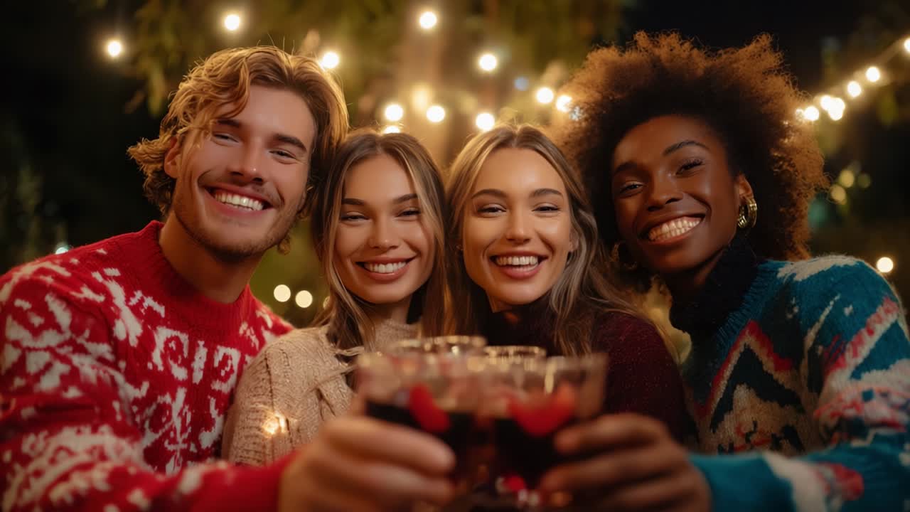 Glædeligt selskab af venner, der fejrer med festlige drinks under funklende lys og deler øjeblikke fyldt med glæde og latter under en hyggelig feriesammenkomst