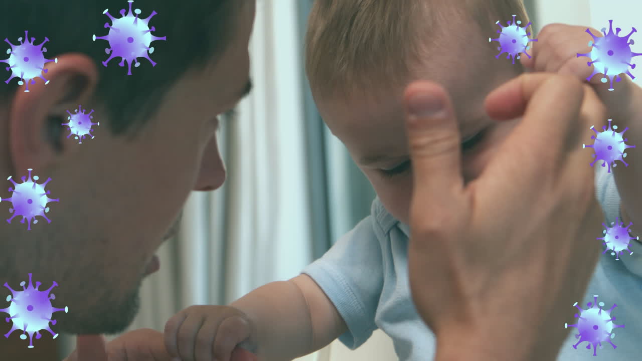 анимация вирусной клетки над кавказским отцом и больным ребенком