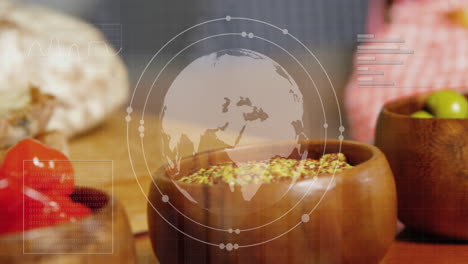 animación de procesamiento de datos estadísticos globo sobre alimentos en cestas en la tienda