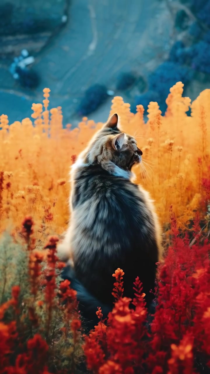Gatto soffice seduto in un campo di vivaci fiori autunnali
