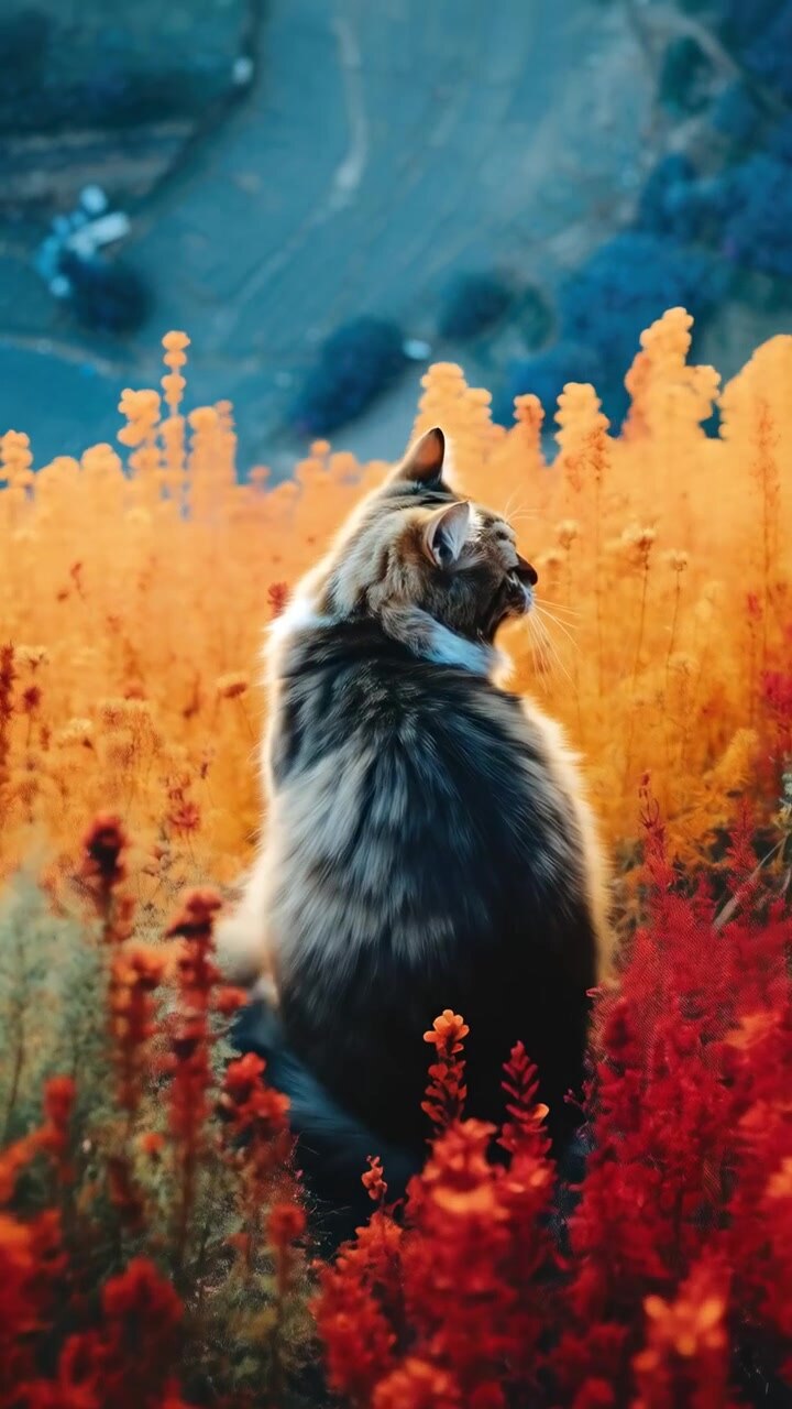 Gato Fofo Sentado em um Campo de Flores Vibrantes de Outono