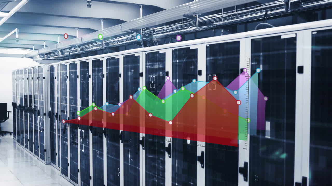 Colorful data chart animation over server racks in data center