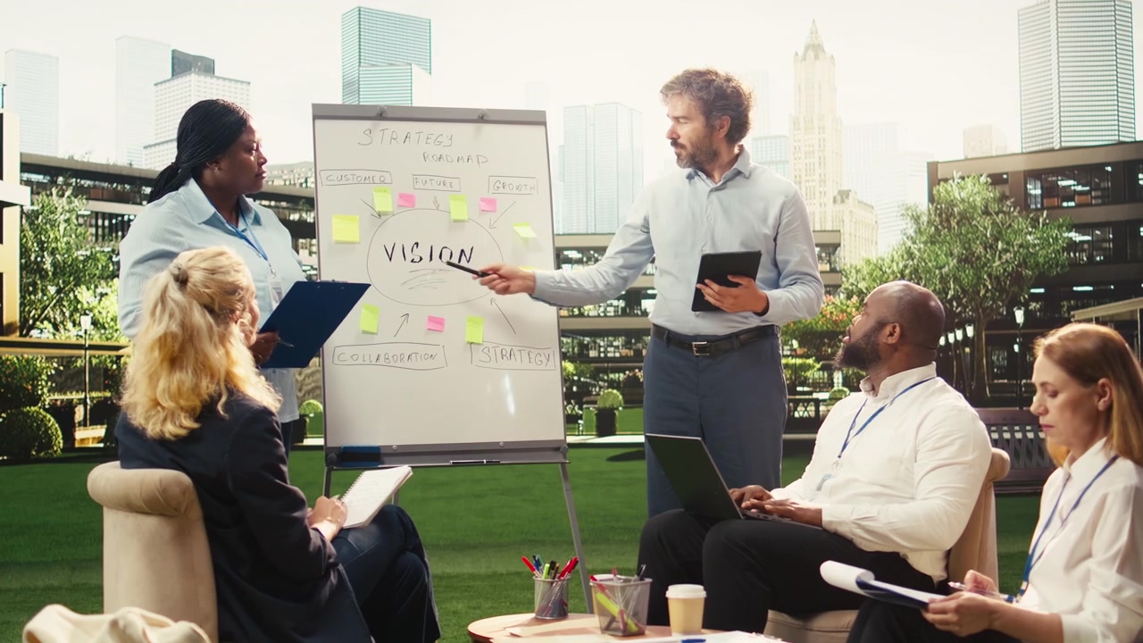 Diverse Business Team Collaborating on Strategy in Outdoor Office Setting