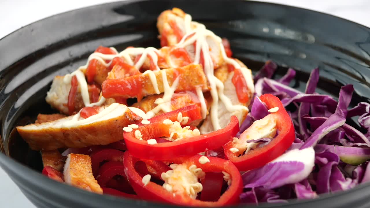 Chicken Salad Bowl with Red Peppers and Cabbage