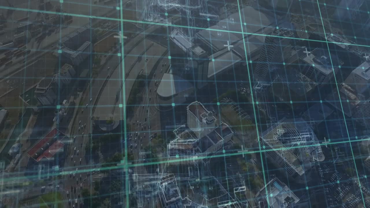 Satellite view appearing, turquoise grid sweeping over city block, wireframes mapping for analysis