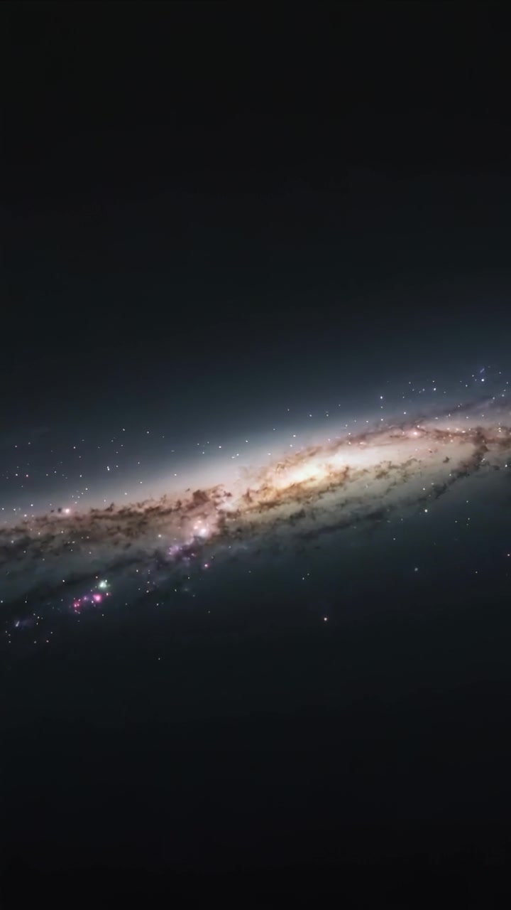 Video verticale: Clip, galassia a spirale inclinata che rimane stabile nello spazio profondo, con nebulose rosa.