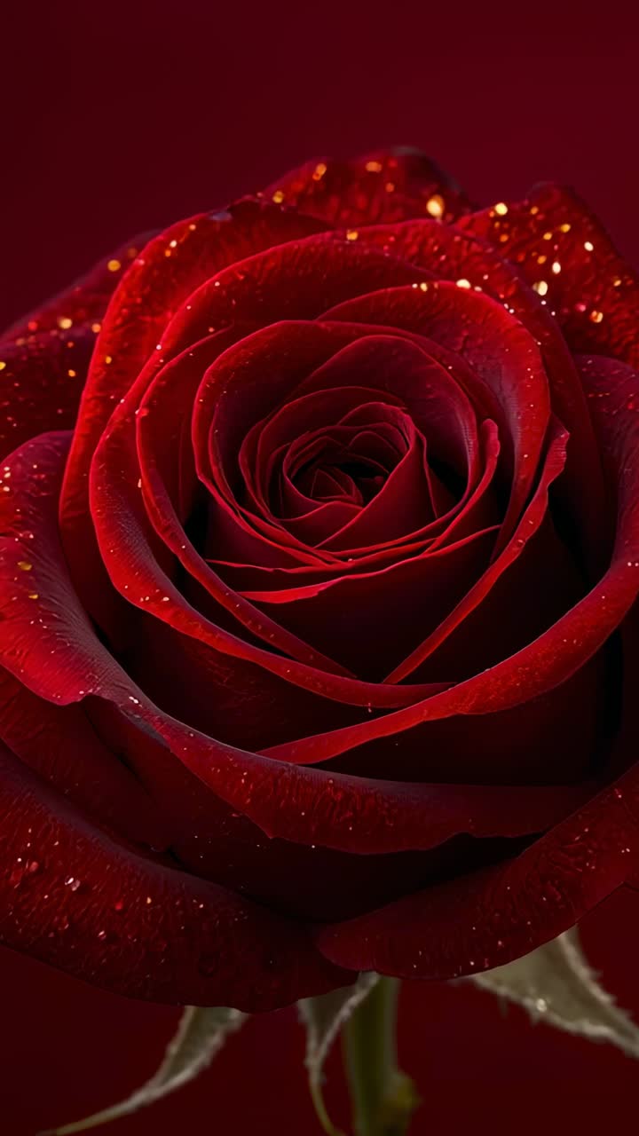 Video verticale: zoom in, la fotocamera da studio mette a fuoco una rosa rossa, rivelandone la spirale interna e la rugiada