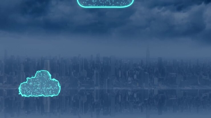 Animation of digital clouds flying over cityscape