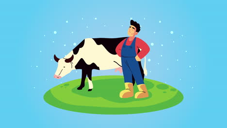 animación de estilo de vida agrícola con vaca y agricultor