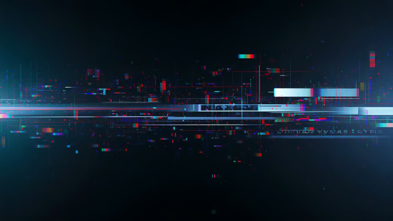 Moving glitch effect across digital void, revealing split panels with cyan data bar and scan lines