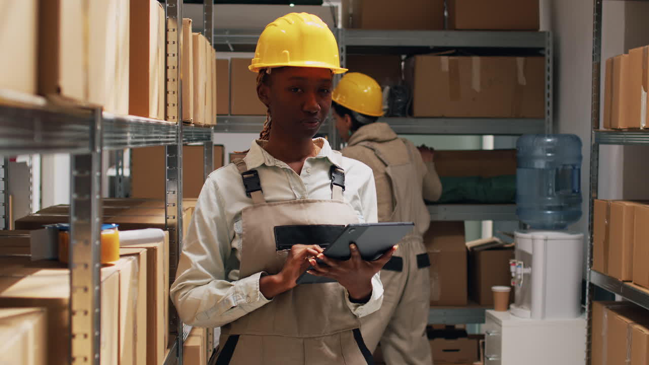 Warehouse Workers Inspecting Inventory with Tablet