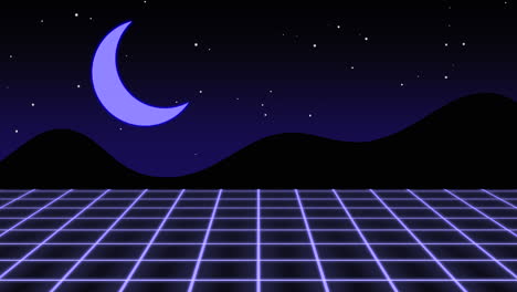 Blue-moon-and-mountain-with-purple-grid-and-stars-in-night-sky