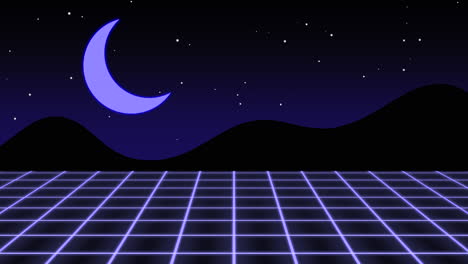 luna azul y montaña con rejilla morada y estrellas en el cielo nocturno