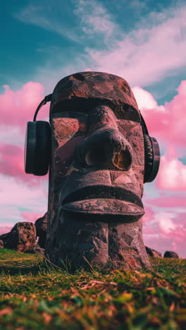 Antiguas-Cabezas-De-Piedra-Con-Auriculares-En-Una-Isla-Arte-Generativo