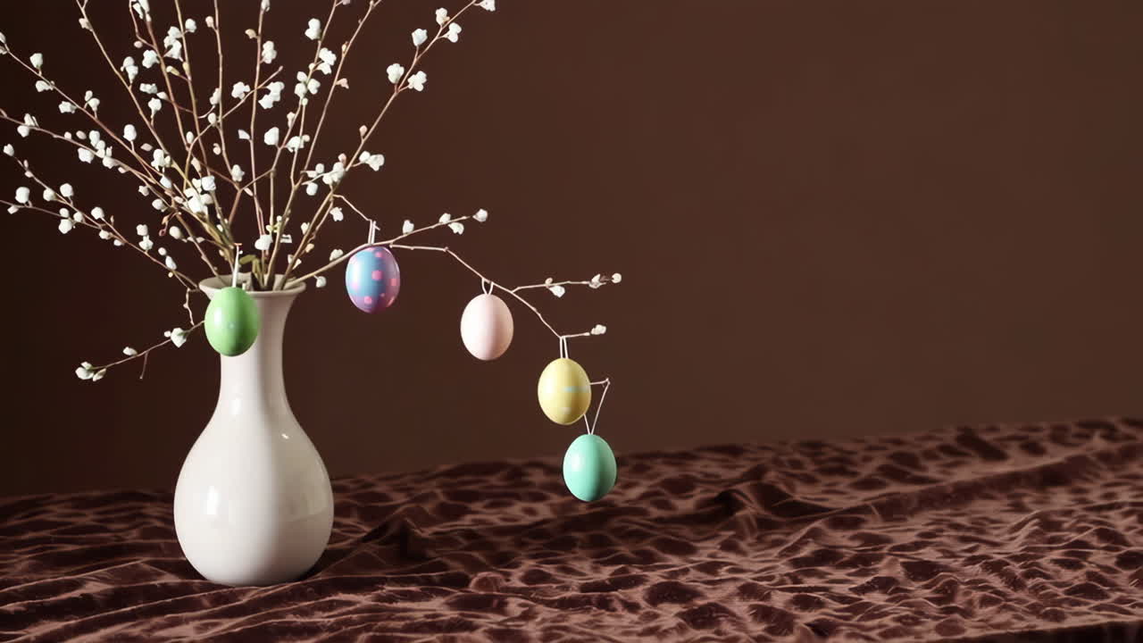 Colorful Easter Eggs Hanging from Branches in a Vase