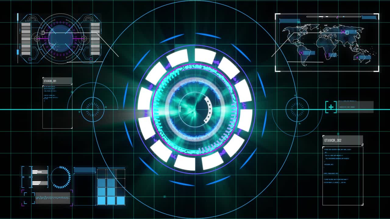Video verticale: Avvio in arrivo, HUD centrale che alimenta anelli rotanti con nucleo pulsante per una scansione sulla griglia.