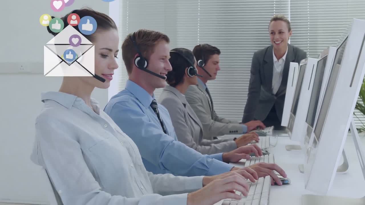 전화 헤드 ⁇ 을 착용 한 사업가 들 위 에 있는 아이콘 의 애니메이션