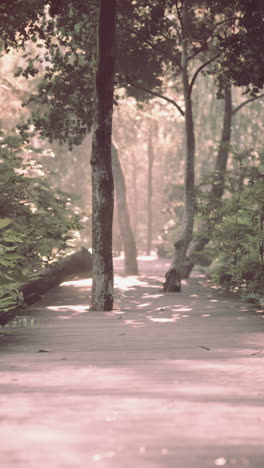 serene walkway through a misty forest