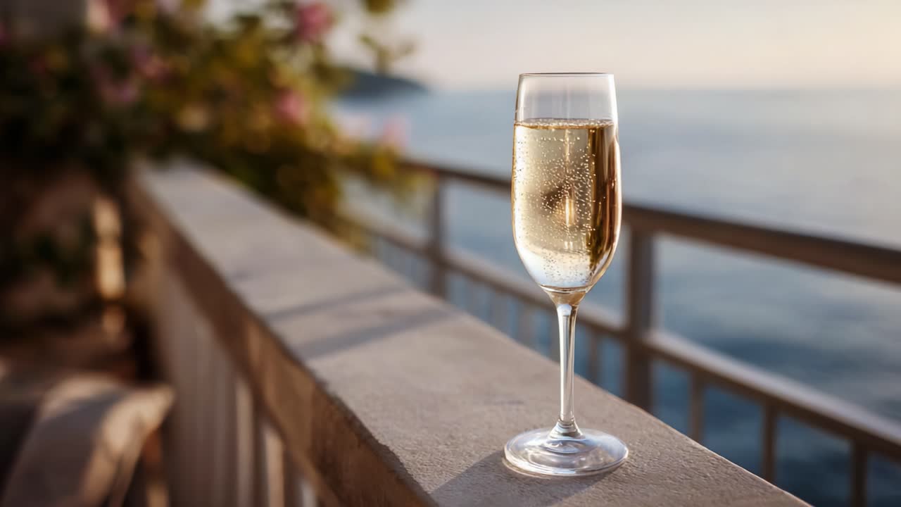 Elegant Glass of Bubbly Champagne by the Seaside, Capturing the Golden Hour Glow and Serene Tranquility, Perfect for Celebrations or Relaxation Moments