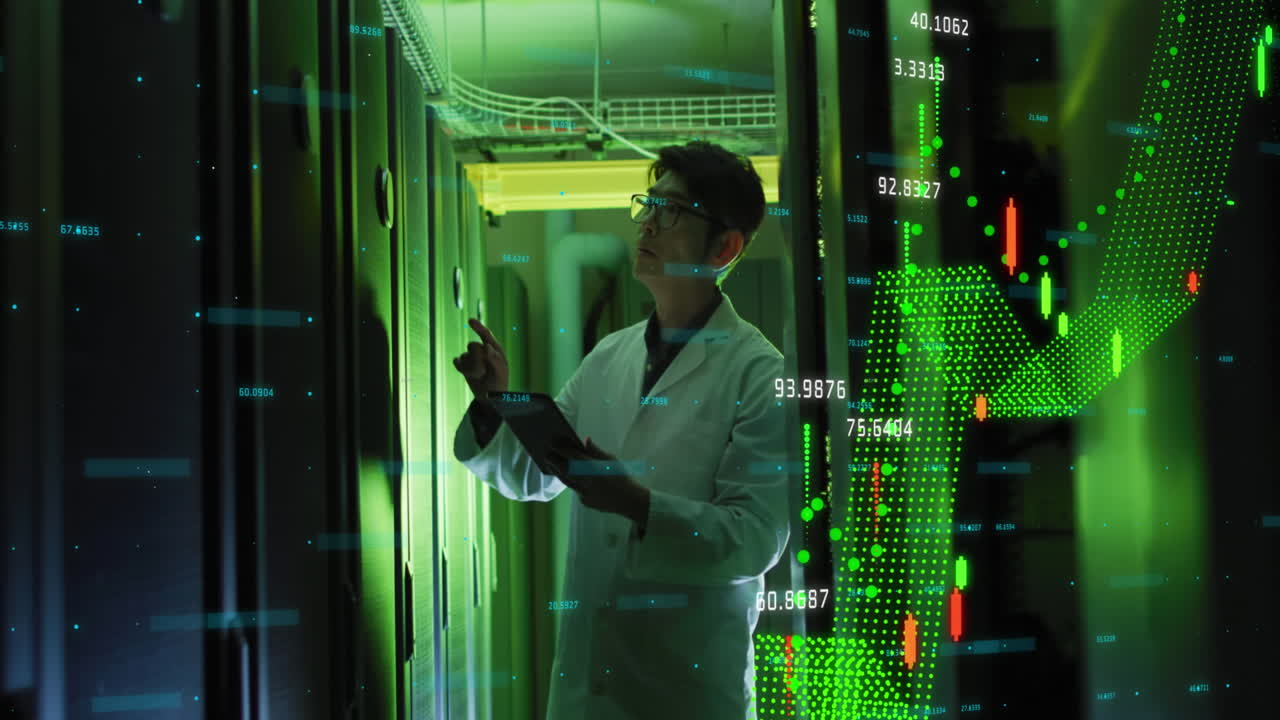 animación del procesamiento de estadísticas sobre un ingeniero informático asiático con una tableta por un servidor de computadora