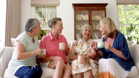 senior diverse group of women share a laugh in a home setting