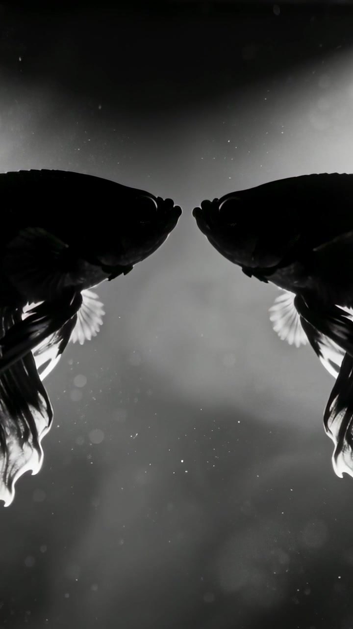 Vertical video: Gliding two fish shadows in tank, beating fins, light rising and motes drifting