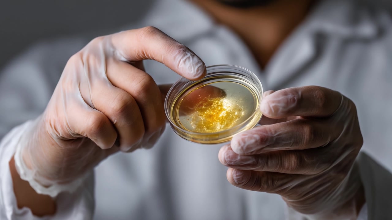 Osservazione di una capsula di Petri trasparente contenente una sostanza gelatinosa dorata da parte di uno scienziato che indossa guanti in un ambiente di laboratorio con attenzione concentrata.