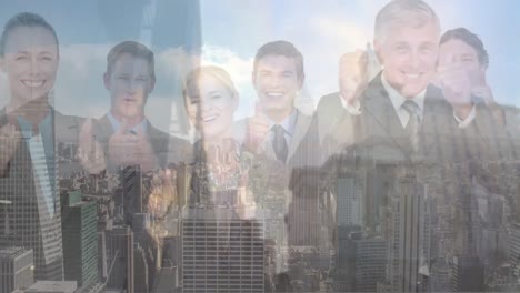 animation of diverse business people over cityscape