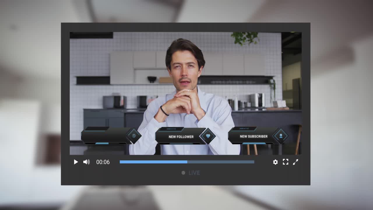 animación de la pantalla de las redes sociales sobre un hombre caucásico haciendo un video blog