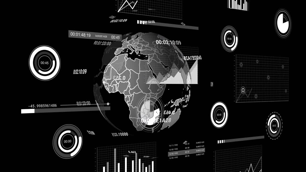 아이콘의 애니메이션과 검은색 배경에 전 세계에 대한 데이터 처리
