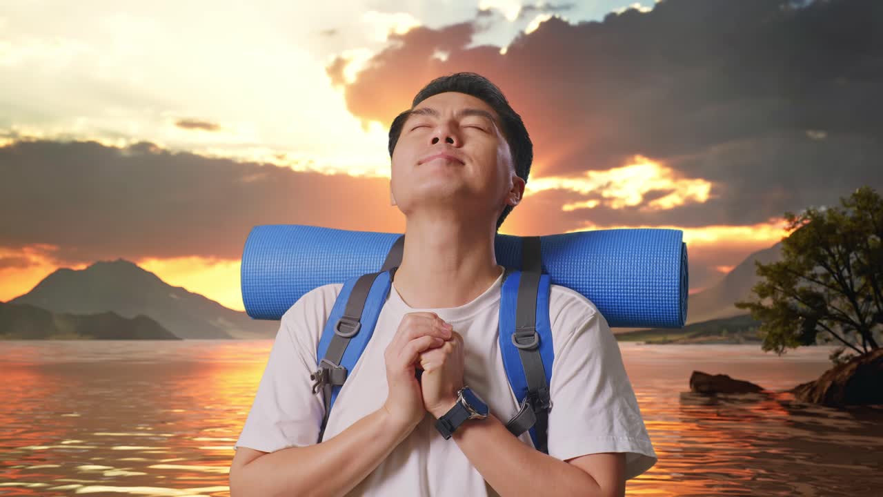 Close Up Of Asian Male Hiker With Mountaineering Backpack Pray For Something At A Lake